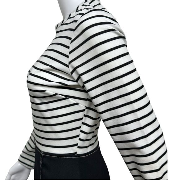VINTAGE 60s 70s Mod Groovy Black White Polyester Striped Fit & Flare Dress 6 8 S - Picture 6 of 14